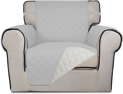 PureFit Reversible Quilted Sofa Cover, Water Resistant Slipcover Furniture Protector, Washable Couch Cover with Non Slip and Elastic Straps for Kids, Pets (Chair, Light Gray/Ivory)