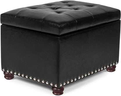 24'' Leather Storage Ottoman Rectangular Foot Rest Stool with Nailhead Trim Toy Chests & Storage Room Organizer for Bedroom Living Room(Black)