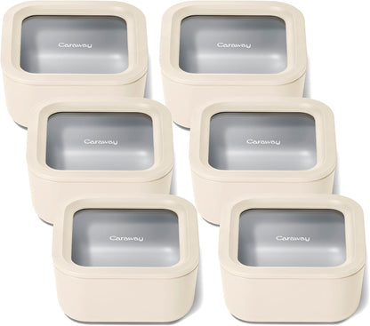 Caraway 6pc Glass Food Storage Set – 4.4 Cup Food Containers (6) - Ceramic Coated - Non Toxic, Non Stick with Lids - Microwave Safe - Cream