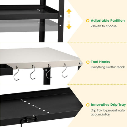 Outdoor Grill Cart Table,Indoor and Outdoor Pizza Oven Table,with 4 Movable Total Lock Casters, Hooks, Side Handle Multifunctional (Stainless Steel Table)