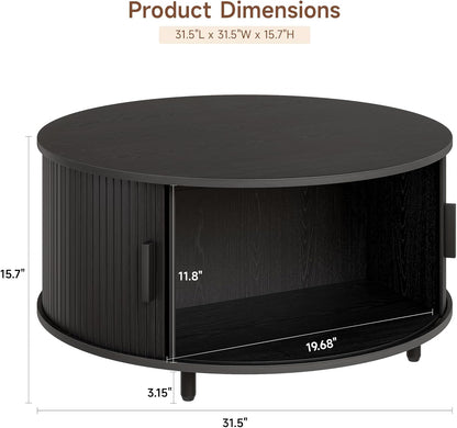 Round Coffee Table with Storage, 31.5" Modern Coffee Table with 360° Curved Sliding Door, Fluted Wood Accent Coffee Table with Adjustable Footpads, Round Center Table for Living Room, Black