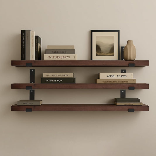 CONSDAN Floating Shelves for Wall Mounted Book Shelf Hanging Shelves Floating Bookshelf for Bedroom, Bathroom, Living Room, Kitchen USA Grown Solid Hardwood, Dark Maple 16x7.5x1.5 in (Set of 3)