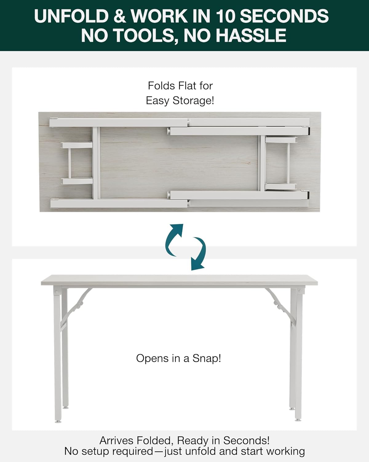Frylr Small Folding Computer Desk – Portable 55.1 Inch Foldable Laptop Table, Collapsible and Compact for Easy and Fast Setup, Lightweight for Small Spaces, Home Craft and Study Use, White Ash
