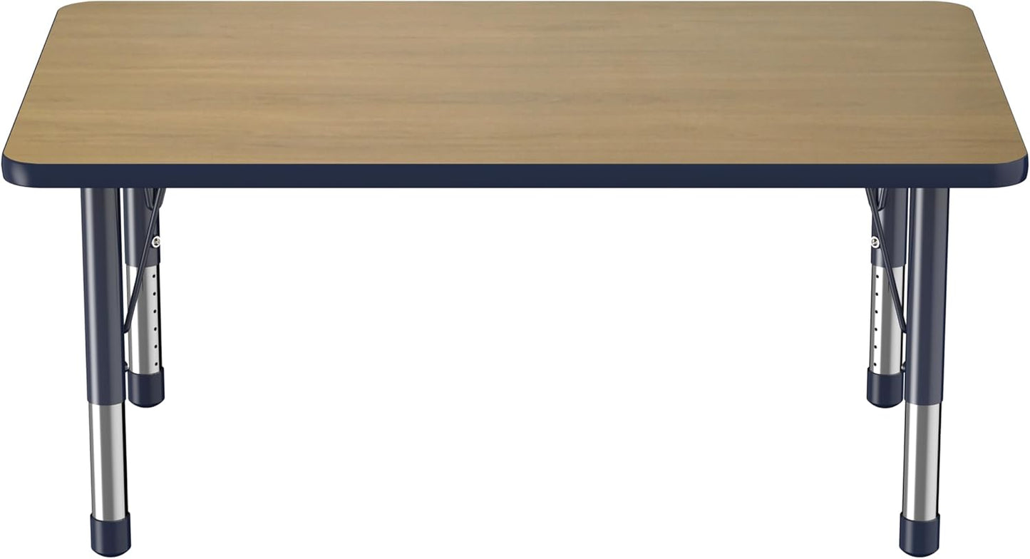 FDP Rectangle (30 x 48 inch) Classroom Table with Adjustable Chunky Toddler Legs (15-24 in); Preschool, Kinder and Daycare Furniture - Pasadena Oak Top/Navy Edge and Legs