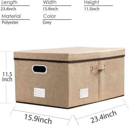 PRANDOM Storage Bins with Lids [3-Pack] Jute Fabric Foldable Storage Boxes Organizer Containers Baskets Cube with Cover for Home Bedroom Closet Office Nursery khaki（23.4X15.9X11.5