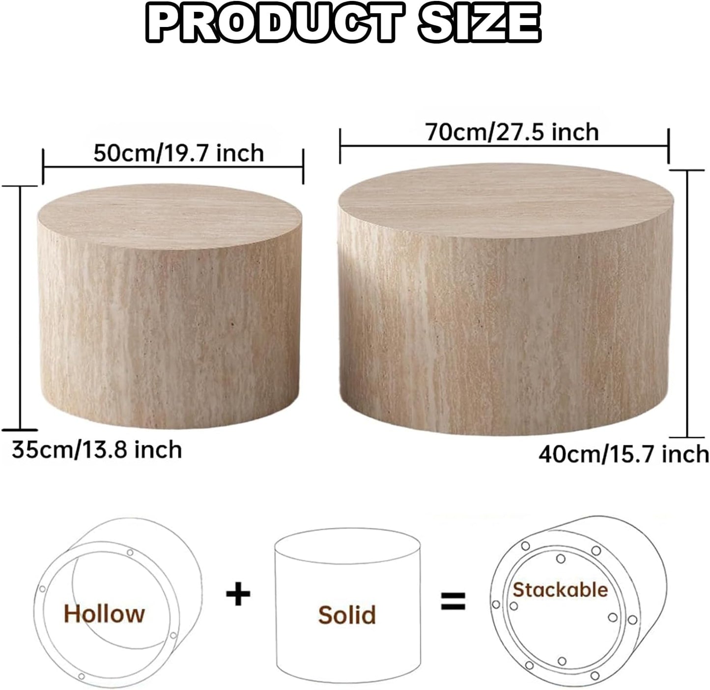 Round Nesting Coffee Table Set of 2, Modern Coffee and End Table Set Small Circle Wooden Drum Side Table Accent End Tables for Living Room Office, No Assembly,Travertine Large