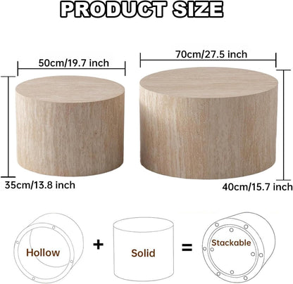 Round Nesting Coffee Table Set of 2, Modern Coffee and End Table Set Small Circle Wooden Drum Side Table Accent End Tables for Living Room Office, No Assembly,Travertine Large