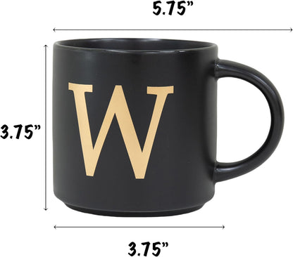 COLLECTIVE HOME - Monogram Ceramic Mugs, 15 oz Golden Initial Black Coffee Cups, Elegant Alphabet Tea Mugs, Elegant Personalized Mug with Gift Box, Unique Mug with Double Side Capital Lette (W)