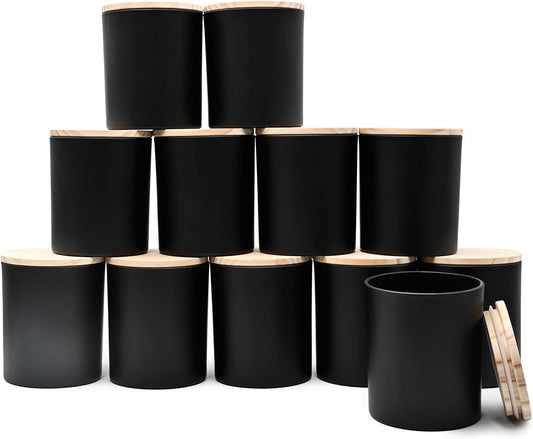 14 OZ Thick Candle Jars for Making Candles 12 Pcs, 3 Wick Empty Jars with Wood Lids for Candle Making, Sample Container,Matte Black