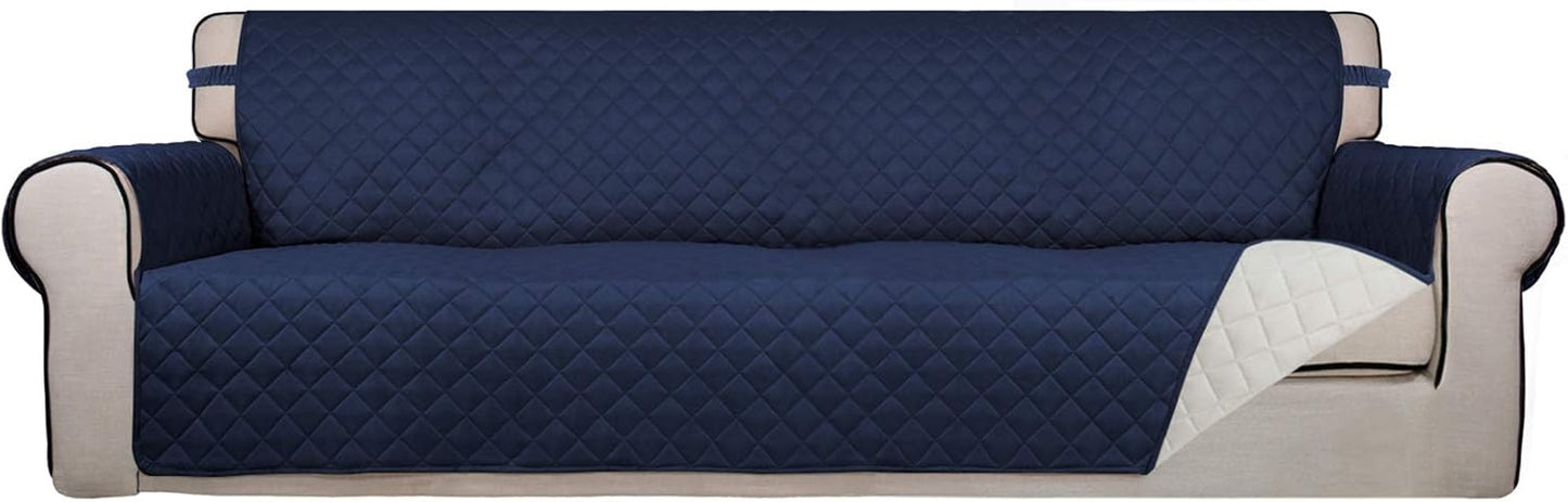 PureFit Reversible Quilted Sofa Cover, Water Resistant Slipcover Furniture Protector, Washable Couch Cover with Non Slip and Elastic Straps for Kids, Dogs, Pets (XX Large, Navy/Ivory)