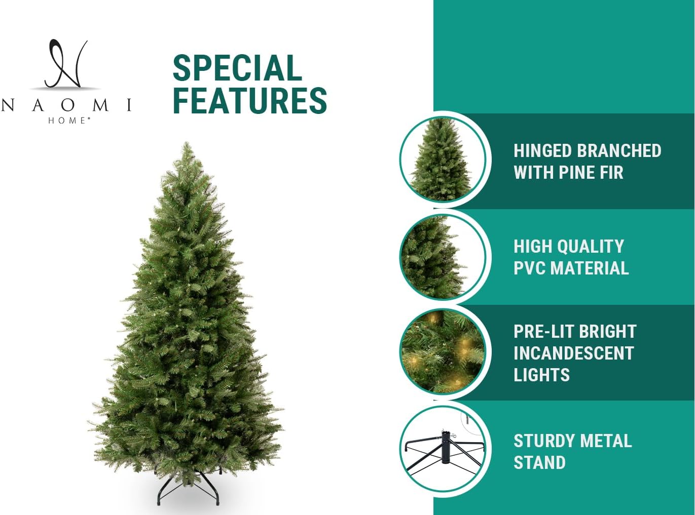 Traditional Artificial Fir Christmas Tree with Lights by Naomi Home Green/6.5 ft/Included