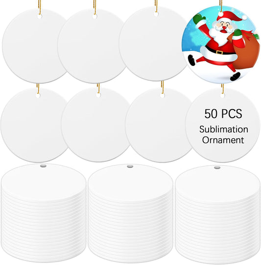 50 PCS Ceramic Sublimation Ornament Blanks Bulk 3 Inch White Round Crafts DIY Personalized Printed Christmas Home Porcelain Paintable Decorate