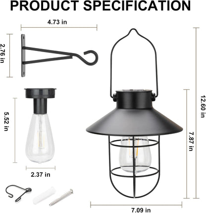 pearlstar Solar Lanterns Outdoor Metal Solar Powered Hanging Lights Waterproof for Wall Yard Garden Patio Garage Balcony Porch Fence Decor, Warm White Edison Bulb,with Wall Mount Kit（Black-1pack）
