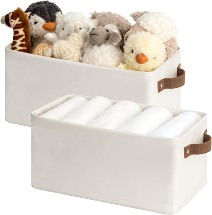 StorageWorks Narrow Storage Bins, Small Basket for Closet and Shelves, Rectangular Fabric Organizer with Handles, Toilet Paper Storage, Beige, 2-Pack