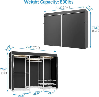 VIPEK V5LC Garment Rack Heavy Duty Covered Clothes Racks with Dimmable LED Light, 3000K Warm White, Portable Closet Wardrobe Freestanding Clothing Rack for Hanging Clothes, White Rack with Black Cover