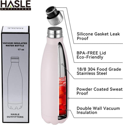 HASLE OUTFITTERS 17oz Stainless Steel Water Bottles, Vacuum Insulated Water Bottles Double Walled Powder Coated Reusable Metal Sports Water Bottles Keep Drinks Hot and Cold, Pink, 1Pack