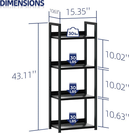 NUMENN Narrow Bookshelf, 4 Tier Bookshelves, Home Office Bookcase Shelf Storage Organizer, Free Standing Storage Shelving Unit for Bedroom, Living Room and Home Office, Black