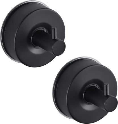 JOMOLA Stainless Steel Bathroom Suction Hooks - No Drill Adhesive-Free Wall Mount for Shower, Towel & Robe, Rustproof Metal Hardware with Damage-Free Grip, Matte Black (2-Pack)