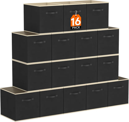 Lifewit 16 Packs Storage Cubes, 11 Inch Cube Storage Bins, Foldable Decorative Fabric Storage Baskets for Organizing Home Organizers with Handles for Shelves, Closet, Black