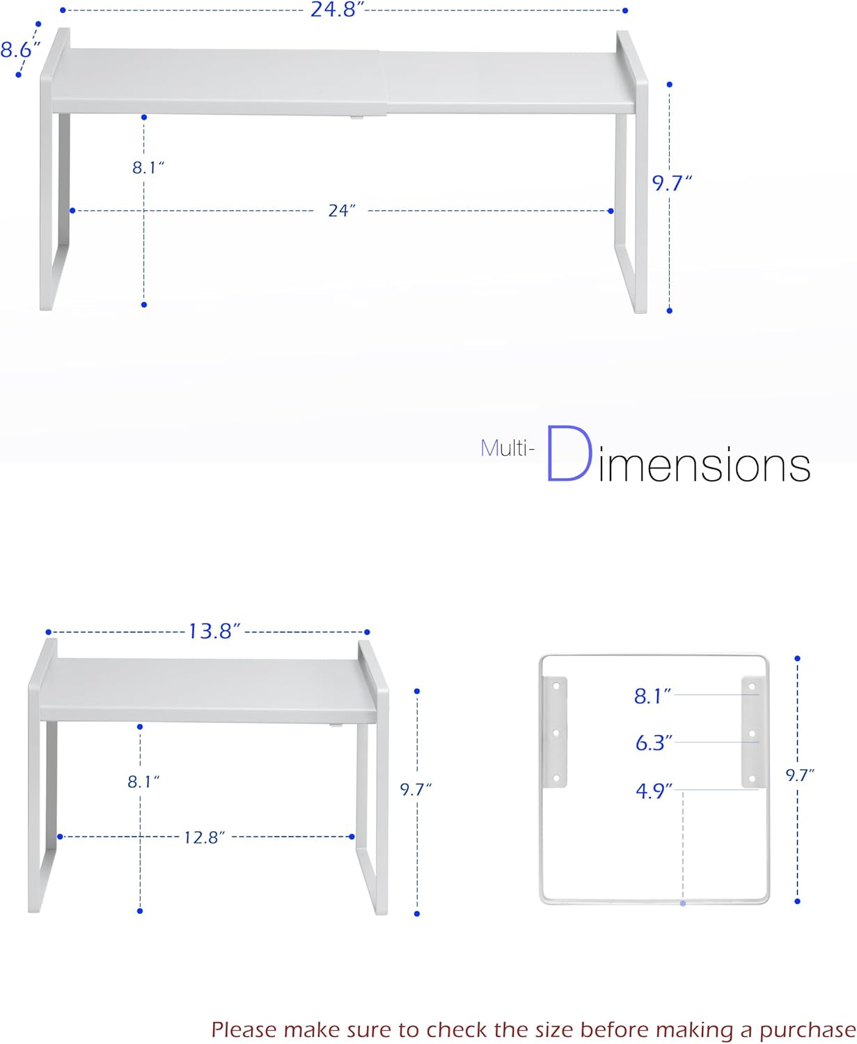 Nxconsu Cabinet Shelf Expandable Height Adjustable Organizer Riser for Kitchen Cabinet Pantry Cupboard Under Sink Countertop Organization Storage Space Saver Stackable Heavy Duty Metal White