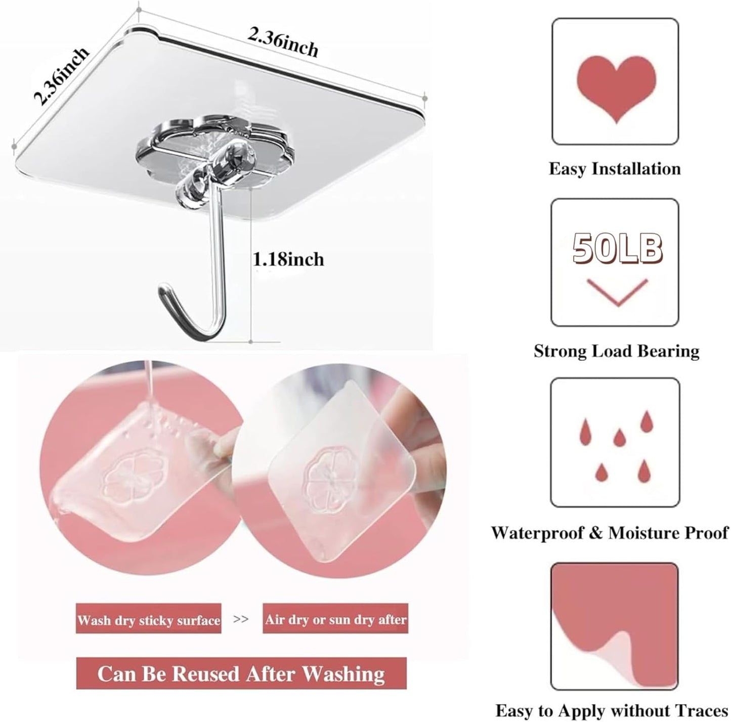 DDMY 24 Packs Hooks for Hanging 50lb Wall Hooks Transparent Reusable Waterproof Adhesive Hook for Kitchen Curtain, Towel Hook for Bathrooms, Heavy Duty Self Coat Hook for Walls No Damage