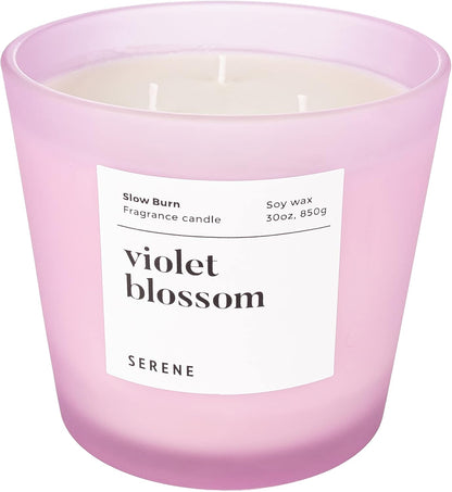 Hidden Label Large Scented Candle, Violet Blossom, 30oz 3 Wick Huge Candle, Serene Collection Slow Burn Natural Soy Candles for Home Scented