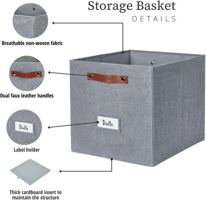 DECOMOMO Storage Cubes, 13x13x13 Storage Cube Bins with Labels, Fabric Organizer Bins (13" / 6pcs, Texture Grey)