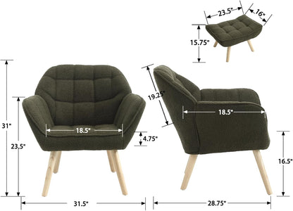Modern Sherpa Accent Chair with Ottoman, Fluffy Upholstered Lounge Chair with Footrest, Comfy Living Room Side Boucle Armchair for Small Space Bedroom Apartment, Green