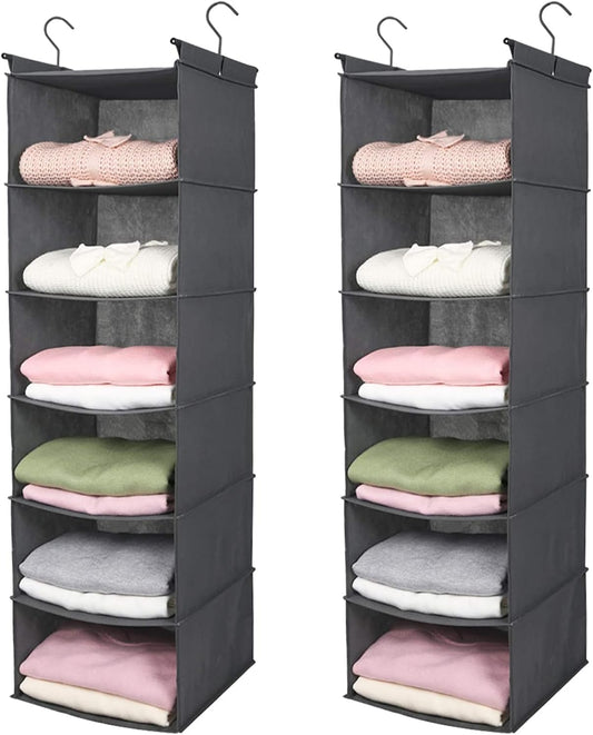 MAX Houser 6 Tier Shelf Hanging Closet Organizer, Closet Hanging Shelf with 2 Sturdy Hooks for Storage,2 Pack, Foldable (Grey)