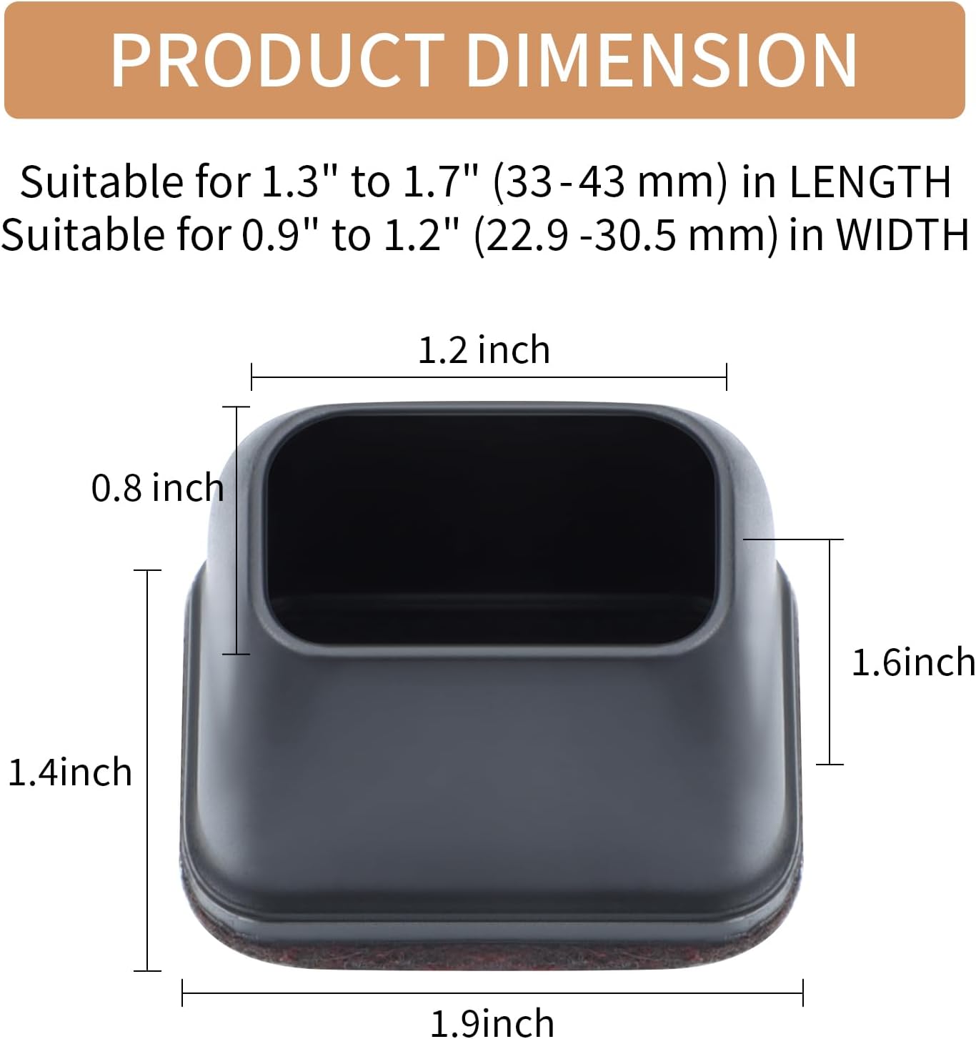 Ezprotekt 8 Pcs Rectangle Black Silicone Chair Leg Floor Protectors with Felt, Rectangle Chair Leg Caps, Furniture Leg Covers Cups for Chair Table Desk (Fit L :1.3-1.7", W: 0.9-1.2")