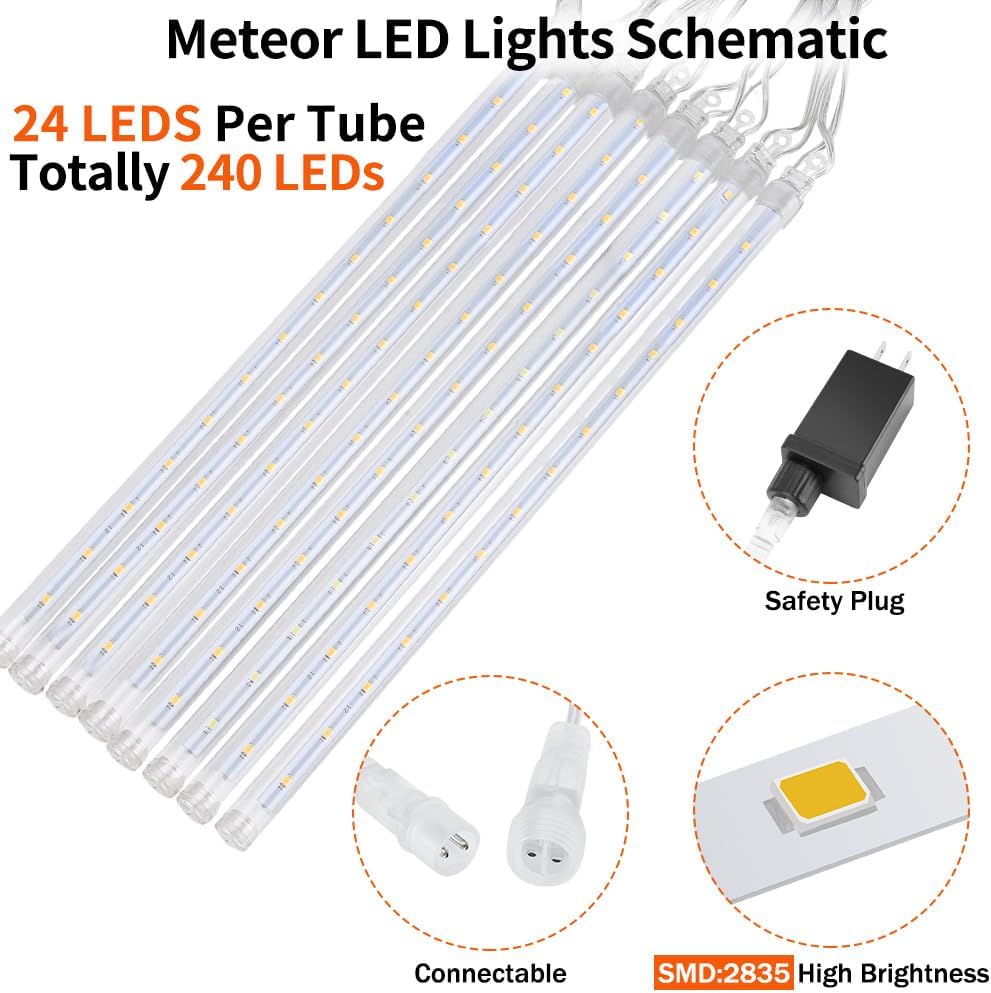 Christmas Meteor Shower Rain Lights, 10 Tube 12 Inch 240 LEDs Icicle Outdoor Raindrop for Xmas Halloween Wedding Party Tree Holiday Decoration, Red