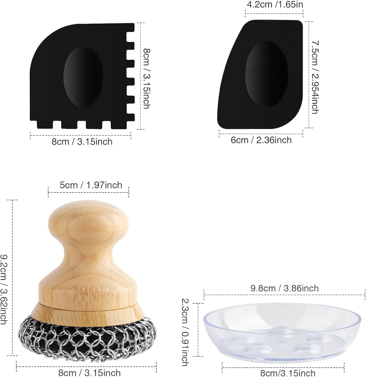 Cast Iron Scrubber and Scraper,Chain Mail Cleaner with Bamboo Handle & Draining Tray,316 Stainless Steel Brush for Cleaning Pots,Pans,Wok,Bakeware,Griddles, Grills(Small&Large ChainMail,2pcs)