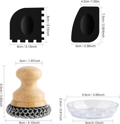 Cast Iron Scrubber and Scraper,Chain Mail Cleaner with Bamboo Handle & Draining Tray,316 Stainless Steel Brush for Cleaning Pots,Pans,Wok,Bakeware,Griddles, Grills(Small&Large ChainMail,2pcs)