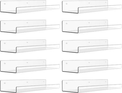 upsimples 10 Pack Acrylic Shelves Wall Organizer and Storage, 15" Display Shelf for Figure, Toy Cars, Perfume, Kids Bookshelf for Bedroom, Nursery, Craft Room, Clear