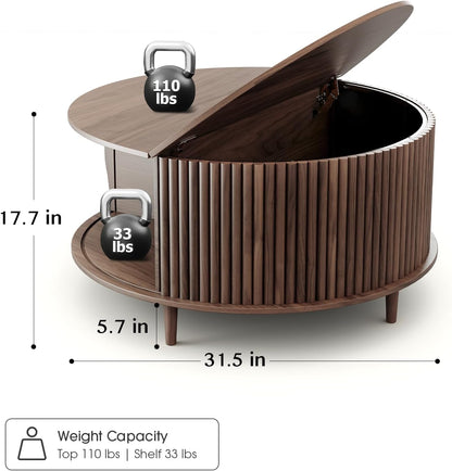 Round Coffee Table with Storage,Fluted Center Table with Sliding Cabinet Door for Living Room,Home Small Space,31.5" Small Center Table,Walnut