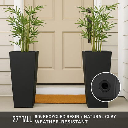 GreenShip 27" Tall Planters, Set of 2 – Black Outdoor Planter for Front Porch & Tall Plants, Weather-Resistant, with Drainage Hole & Rubber Plug (No Plants Included) (Black-2pcs)