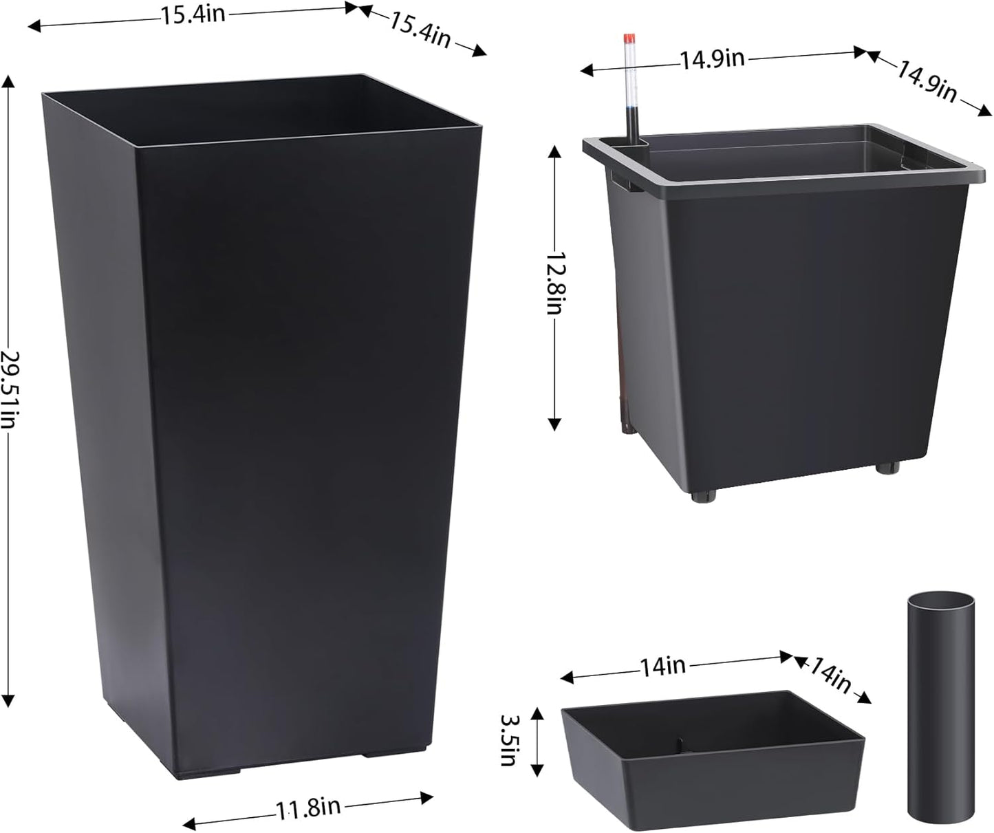 30" Tall Planters Set of 2, Outdoor＆Indoor Black Planter Pots, High Front Porch Planter Pots with Drainage Holes＆Water Level Monitor Movable Wheels ＆Inner Bucket, Automatic Watering,Black