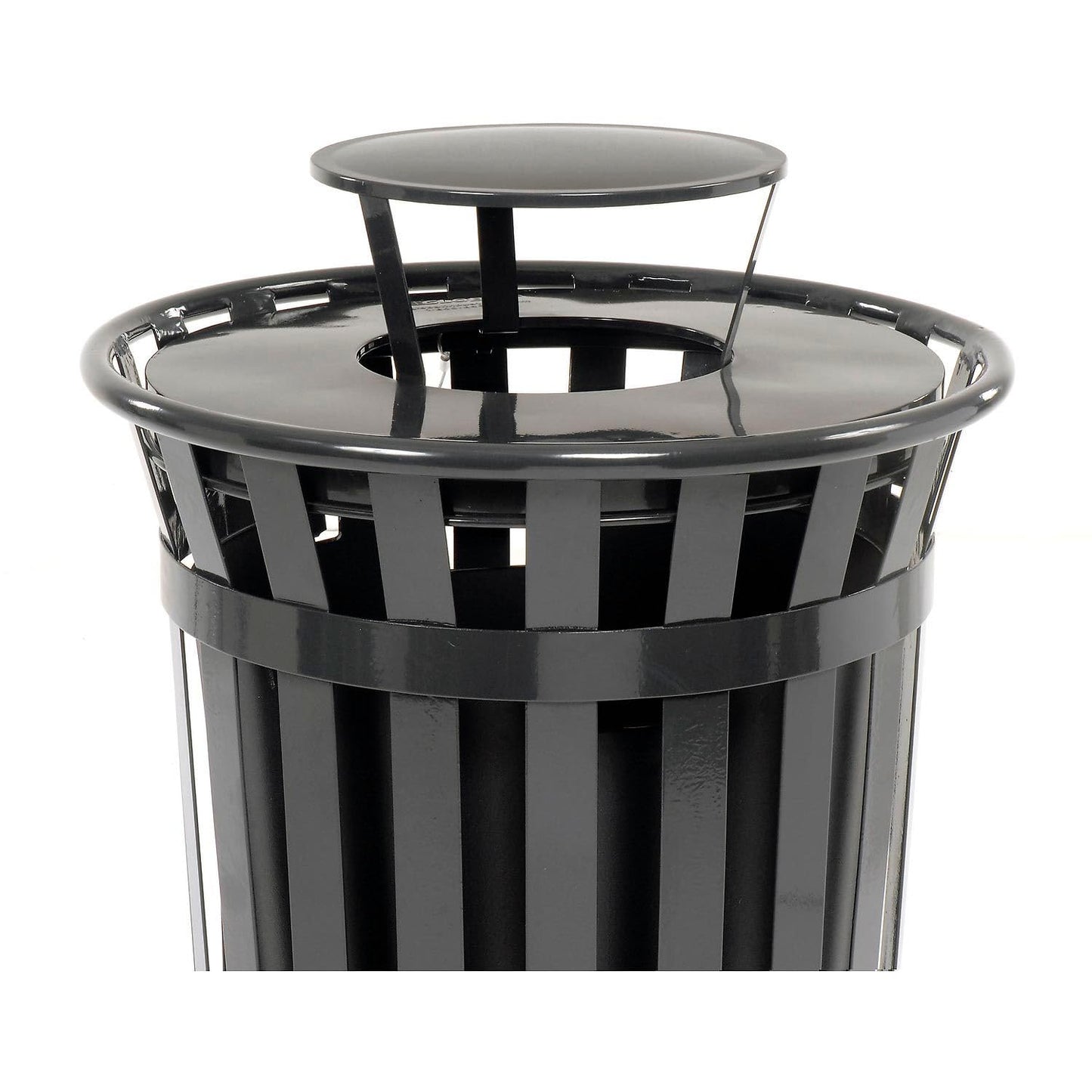 Global Industrial Heavy-Duty 36 Gallon Capacity Outdoor Metal Slatted Trash Receptacle with Rain Bonnet Lid & Plastic Liner, Black, Commercial & Industrial Trash Can