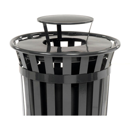 Global Industrial Heavy-Duty 36 Gallon Capacity Outdoor Metal Slatted Trash Receptacle with Rain Bonnet Lid & Plastic Liner, Black, Commercial & Industrial Trash Can