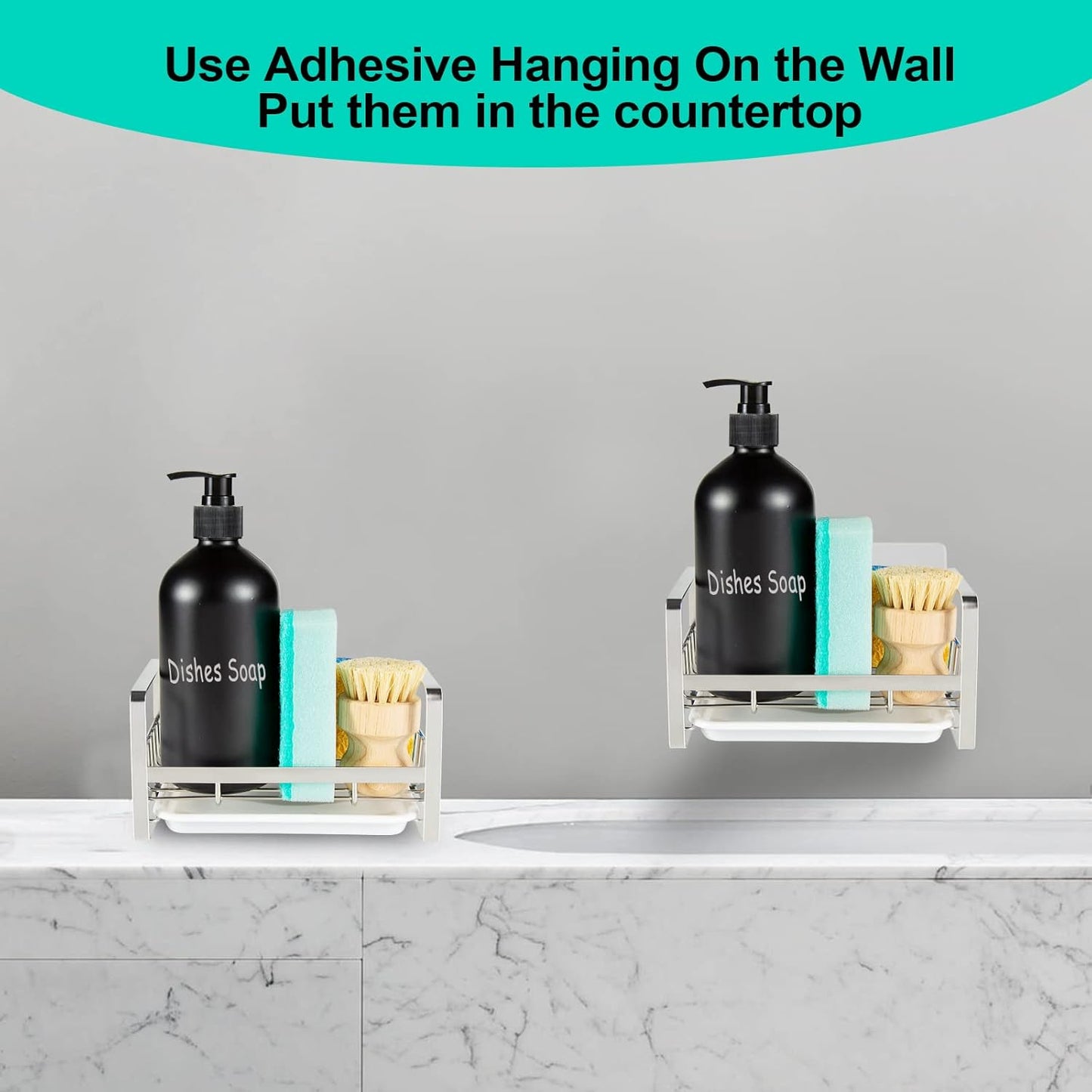 TEZZ Sponge Holder for Kitchen Sink, Stainless Steel Kitchen Storage Sink Caddy for Organizing Sponge, Brush & Dish Soap Dispenser, Sink Organizer Rack with Adhesive or Counter top, Silver