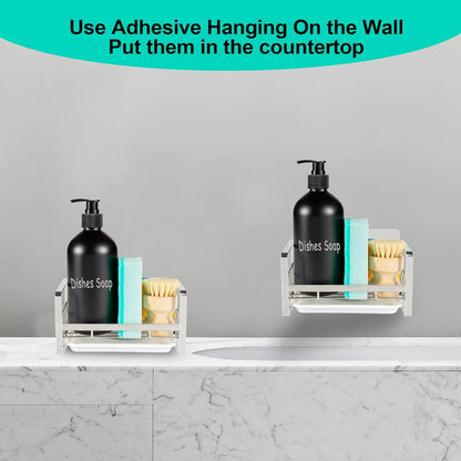 TEZZ Sponge Holder for Kitchen Sink, Stainless Steel Kitchen Storage Sink Caddy for Organizing Sponge, Brush & Dish Soap Dispenser, Sink Organizer Rack with Adhesive or Counter top, Silver