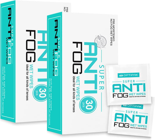 Anti Fog Wipes for Glasses, Binoculars, Face Shields, Ski Masks or Swim Goggles | Pre-Moistened Cleaning Antifog Lens Wipes for Eyeglasses and Defogger for Glasses (30 Count Pack of 2)