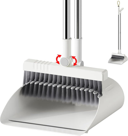 Upgrade Broom with Dustpan Combo Set, Broom and Dustpan Set with Adjustable Handle，Self-Cleaning Dustpans Teeth for Home Kitchen Office Hall Floor，ZeroGap Lip （White&Grey）