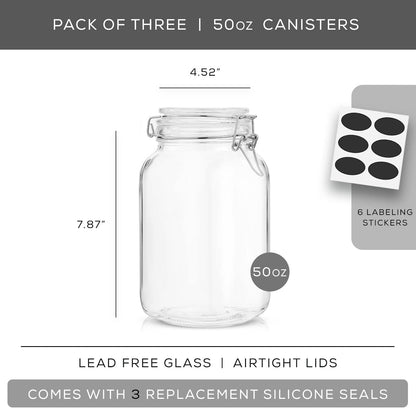Airtight Glass Jars with Lids Set of 3. 50oz Glass Jar with Lid and 6 Silicone Seals! Med Glass Food Storage Containers. Square Mason Jar, Flour Jar, Candy or Cookie Jars for Kitchen Counter