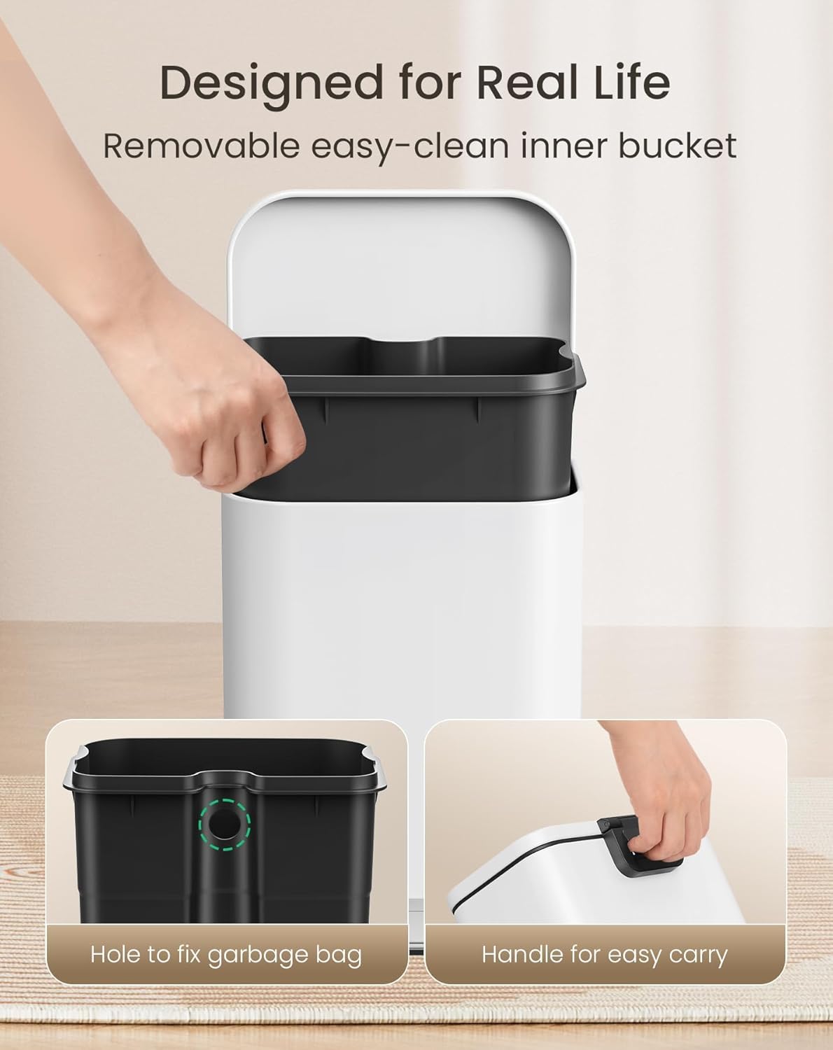 Cesun Small Bathroom Trash Can with Lid-1.3 Gal, Outdoor Stainless Steel Garbage Can for Dog Poop with Anti-Slip Base, for Bathroom, Bedroom, Office, RV, Living Room, White