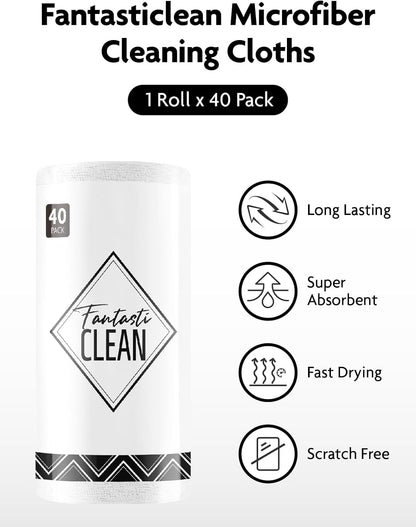 Fantasticlean Microfiber Cleaning Cloth Roll -40 Pack, Tear Away Microfiber Towels, 12" x 12", Reusable, Washable, Scratch Free, Ultra Absorbent Dish Rags for Car, Home, Garage or Shop (White)