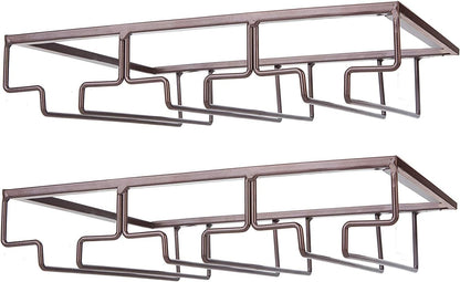Wine Glass Rack - Under Cabinet Stemware Wine Glass Holder Glasses Storage Hanger 2 Pack Metal Organizer for Bar Kitchen Brown
