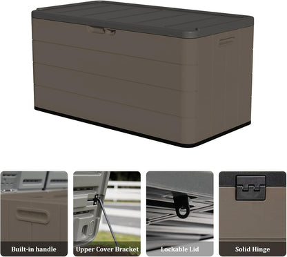 ZZM 110 Gallon Outdoor Deck Box with Wheels, Waterproof Resin Storage Cabinet for Patio Cushion and Tools, Lockable Storage Box, Coffee