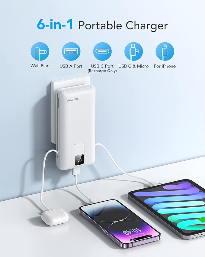 charmast Portable Charger with Built-in Cables and Wall Plug, 20000mAh 20W USB C Power Bank Fast Charging Battery Pack Travel Essentials Compatible with iPhone 16/15/14/13 Series, Samsung Google iPad
