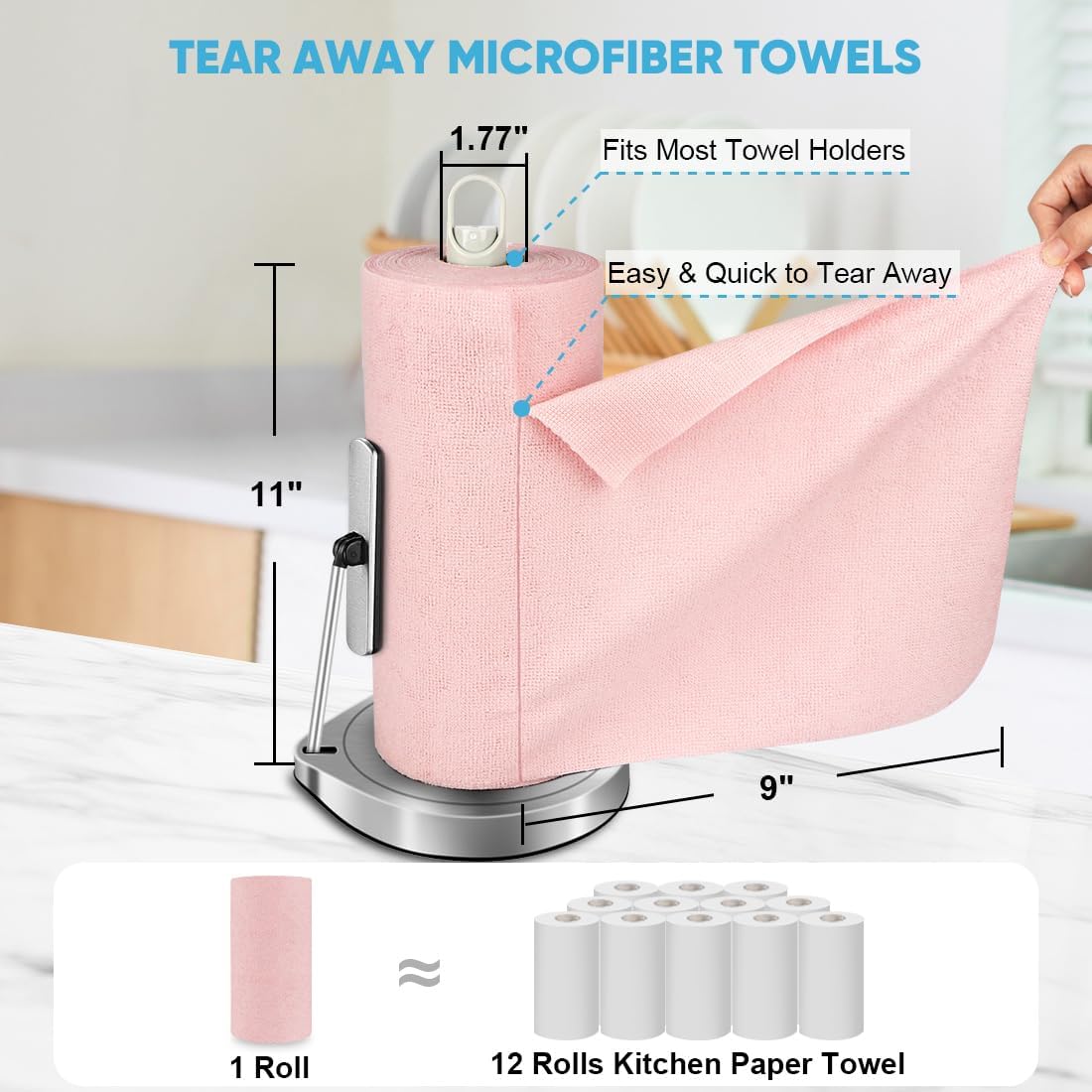 AIDEA Microfiber Cleaning Cloth Roll, 55 Sheets, Pink Towel, Microfiber Towels for Cars, Reusable Paper Towels, Shop Rags Washable, Cleaning Rags for Automotive, House, Kitchen, Cleaning Supplies11×9"